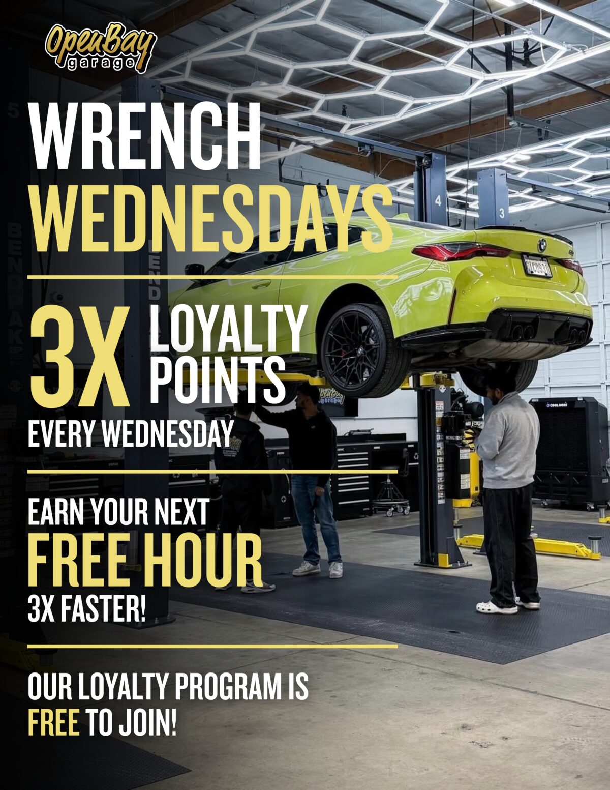 Scan to unlock your Cars & Coffee exclusive $15 off your first bay rental or a free extra hour when you book 3 hours.